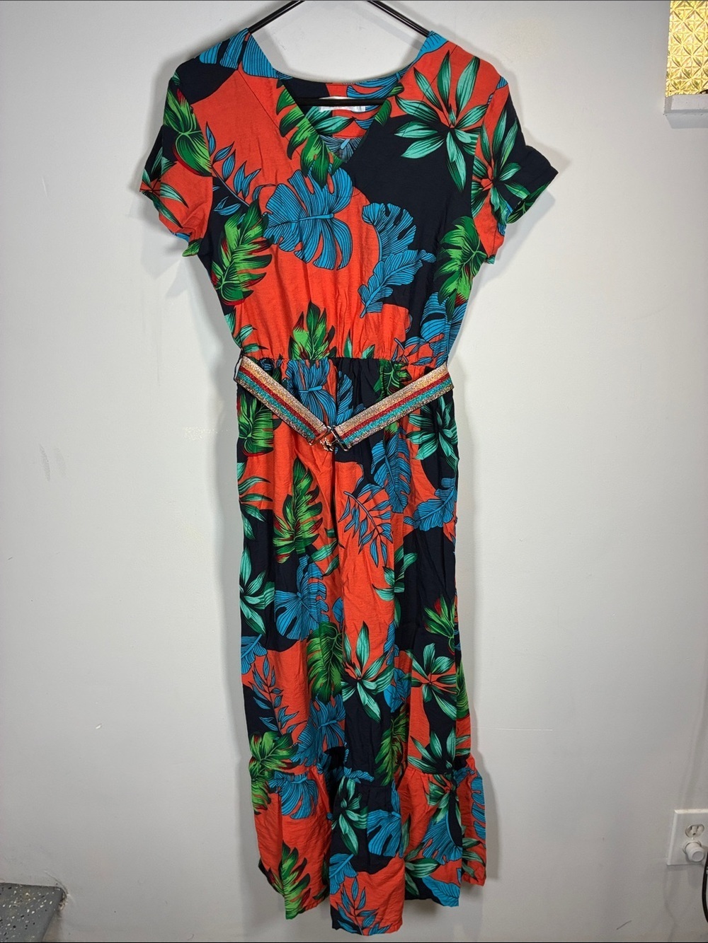 Hippocampe Made in France Tropical Maxi Dress EU 42 Belted Leaf Print - Picture 2 of 11